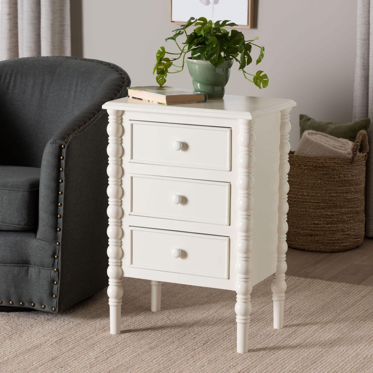 Malinda White Wood 3-Drawer End Table with Spindle Legs