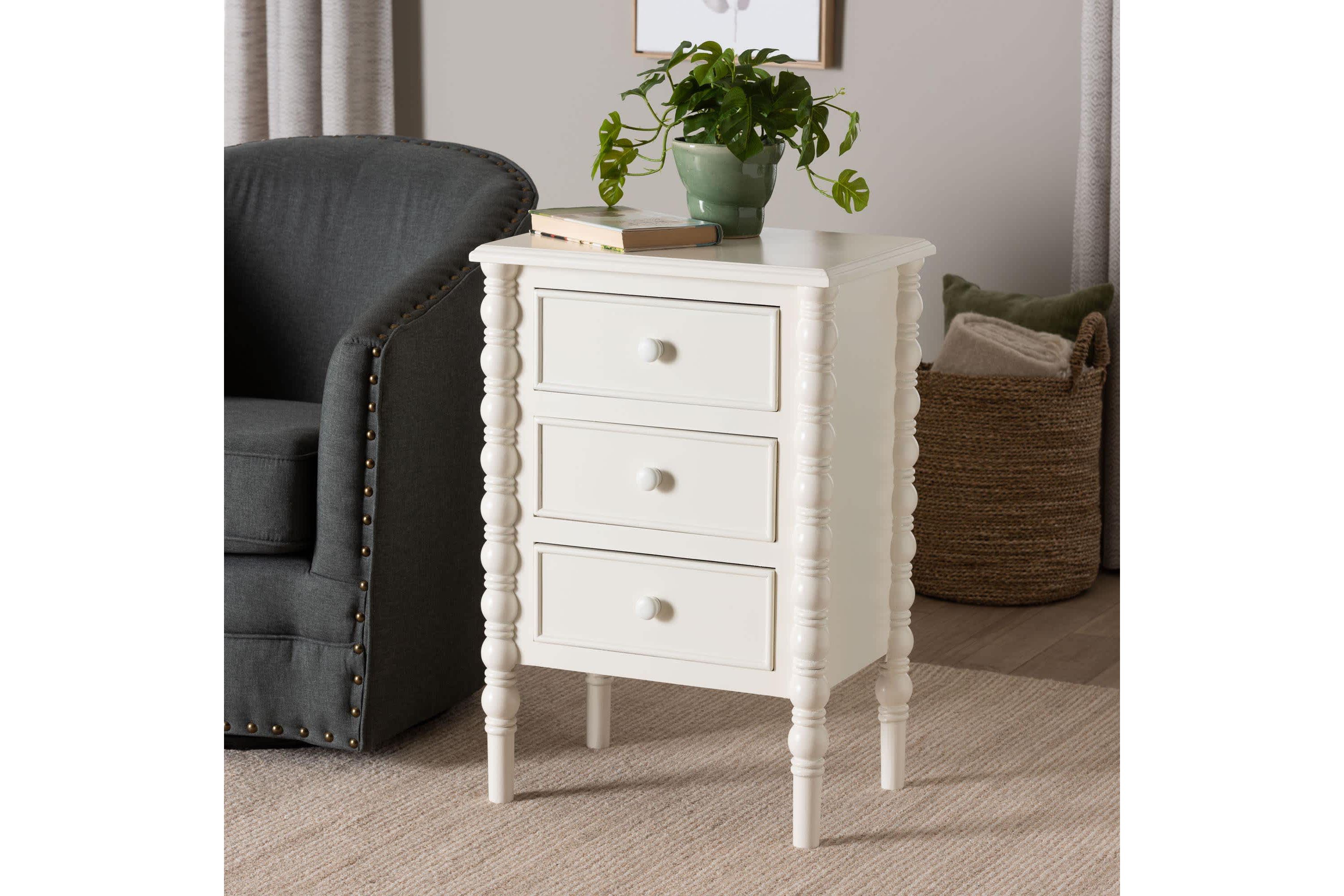 Malinda White Wood 3-Drawer End Table with Spindle Legs