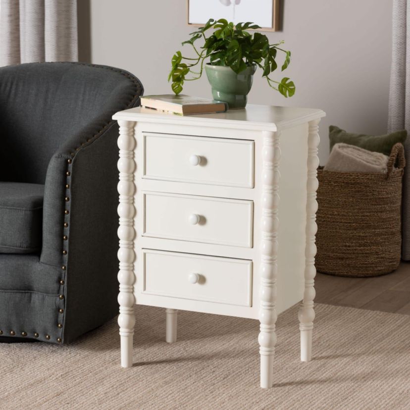 Malinda White Wood 3-Drawer End Table with Spindle Legs