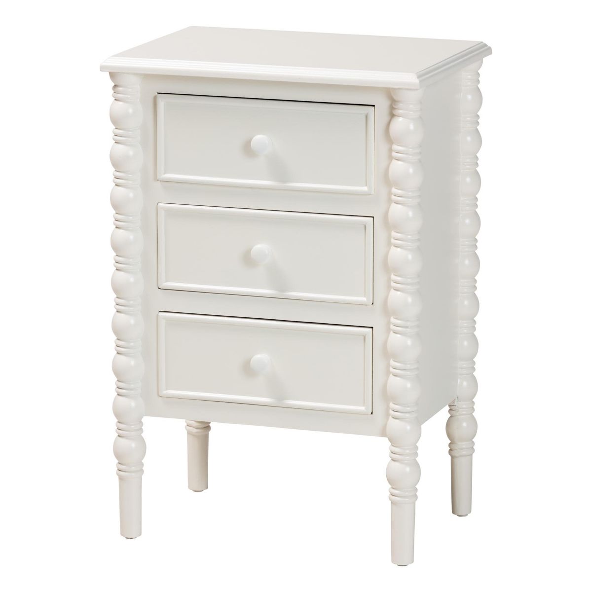 Malinda White Wood 3-Drawer End Table with Spindle Legs