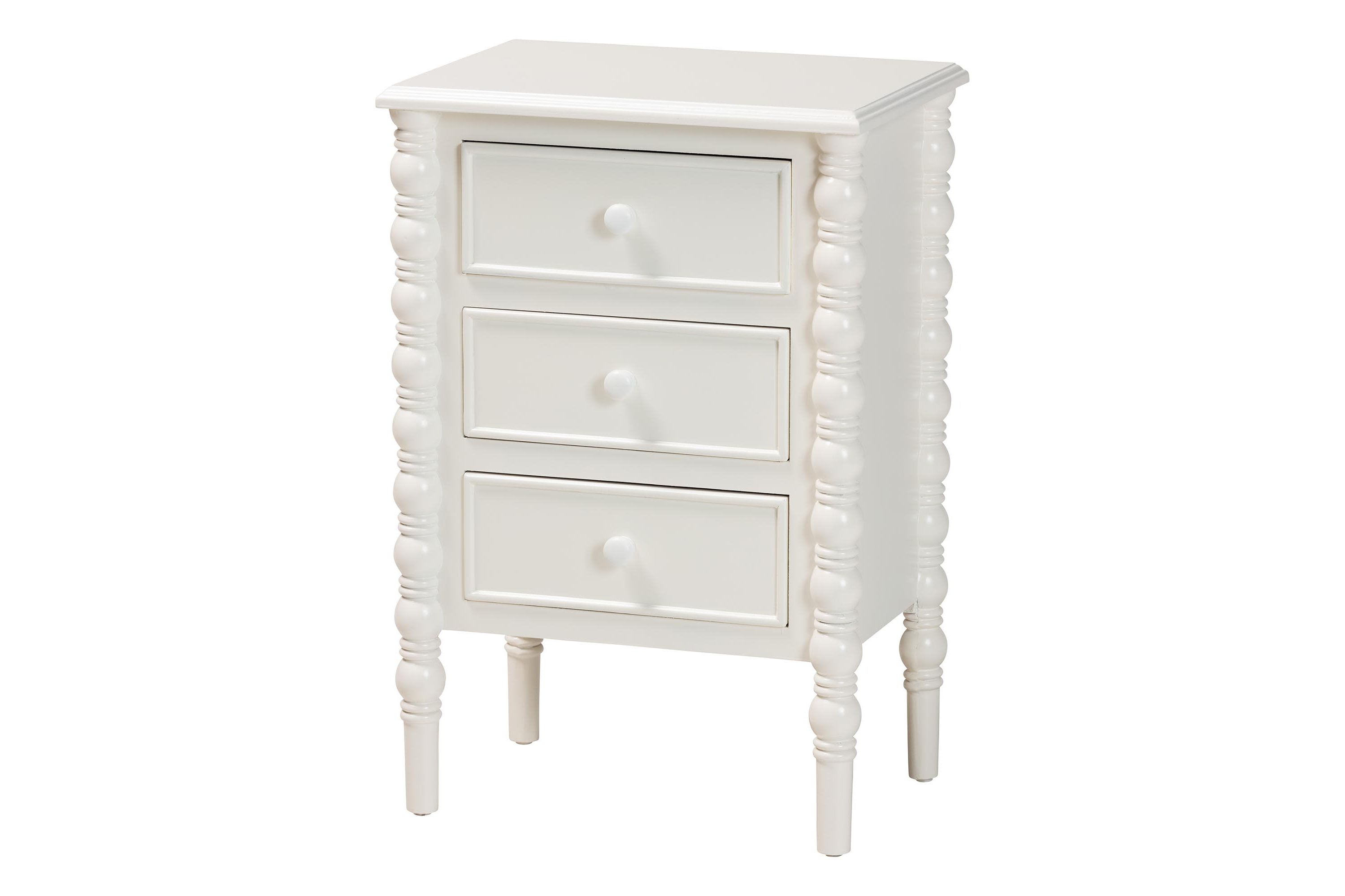 Malinda White Wood 3-Drawer End Table with Spindle Legs