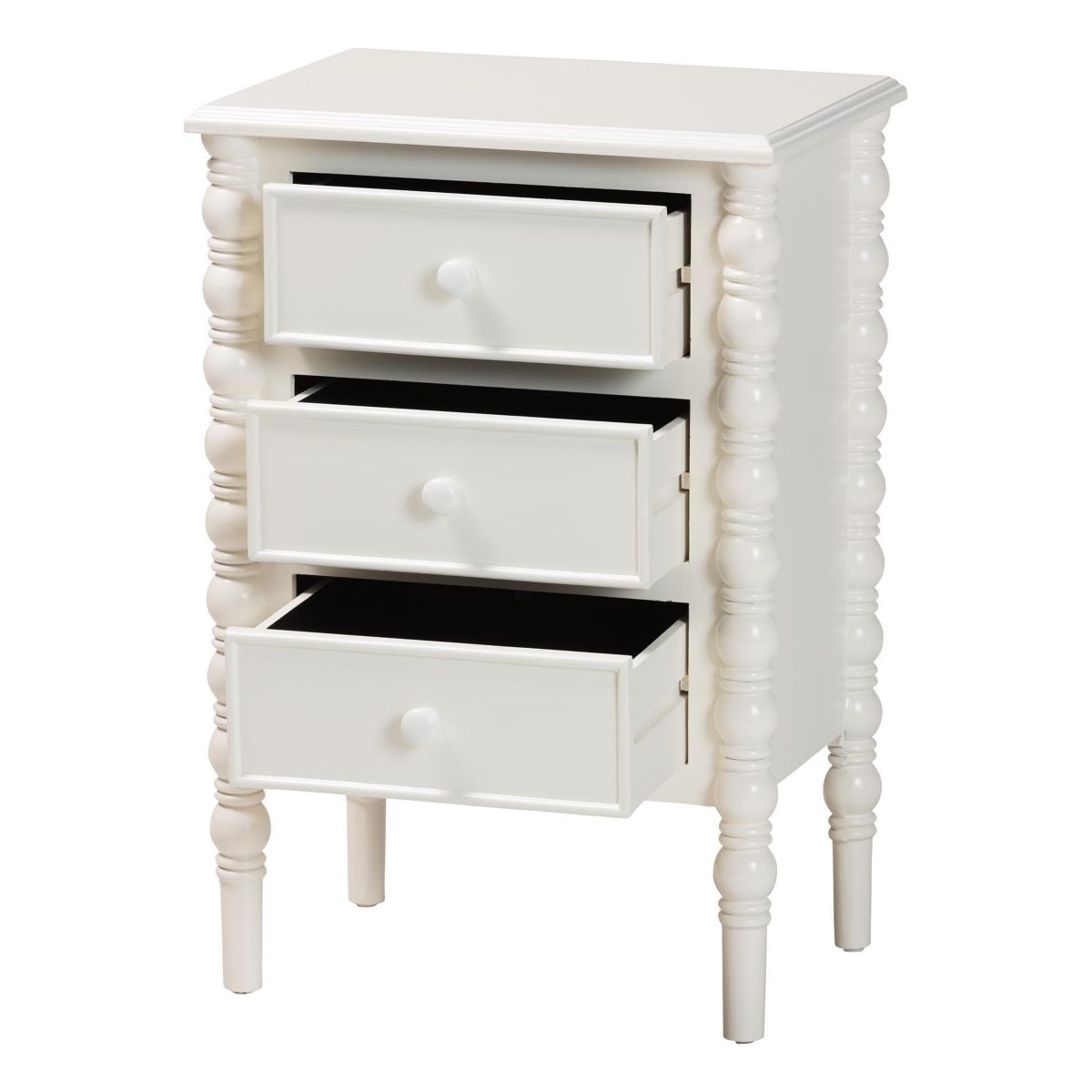 Malinda White Wood 3-Drawer End Table with Spindle Legs