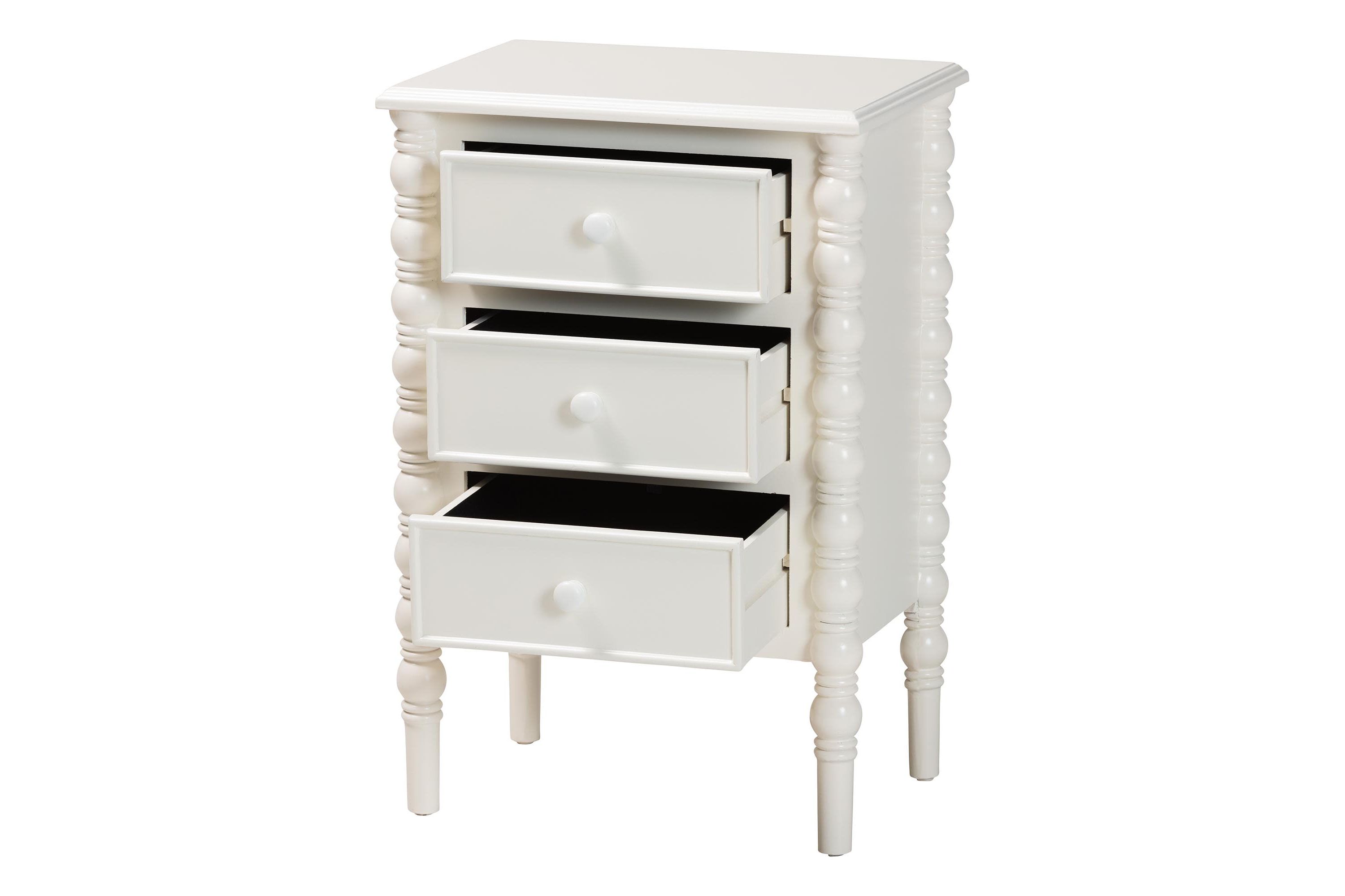 Malinda White Wood 3-Drawer End Table with Spindle Legs
