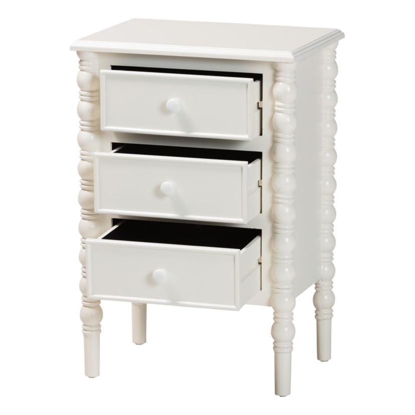 Malinda White Wood 3-Drawer End Table with Spindle Legs