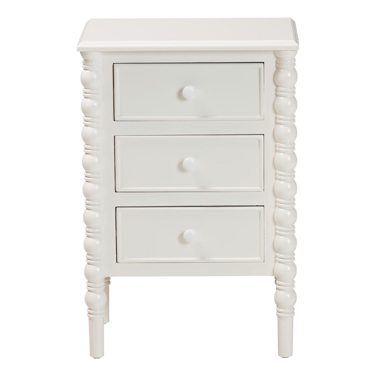 Malinda White Wood 3-Drawer End Table with Spindle Legs