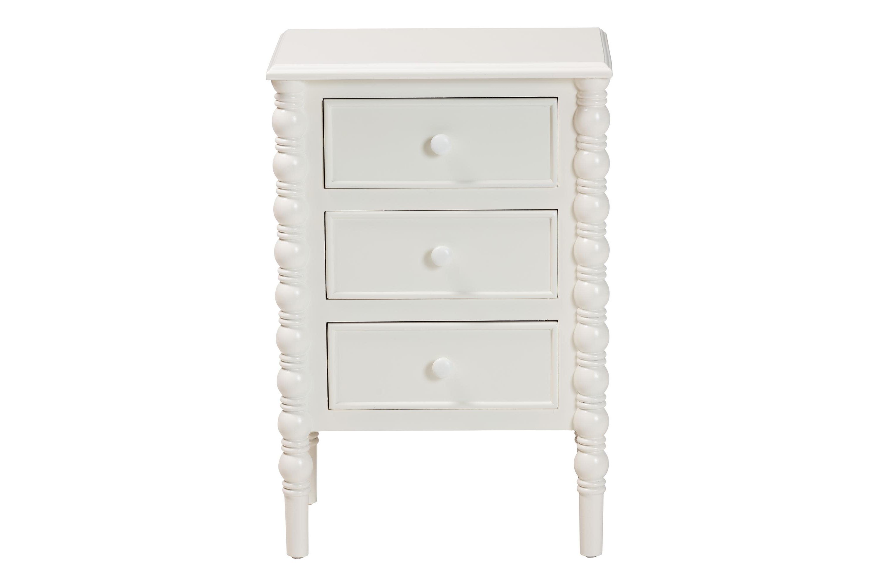 Malinda White Wood 3-Drawer End Table with Spindle Legs