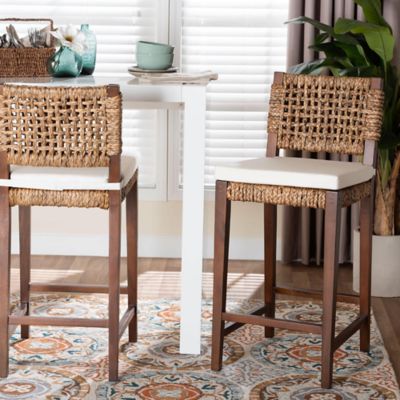 bali & pari Alise Handwoven Seagrass Bar Stool with Mahogany Wood Frame, Brown