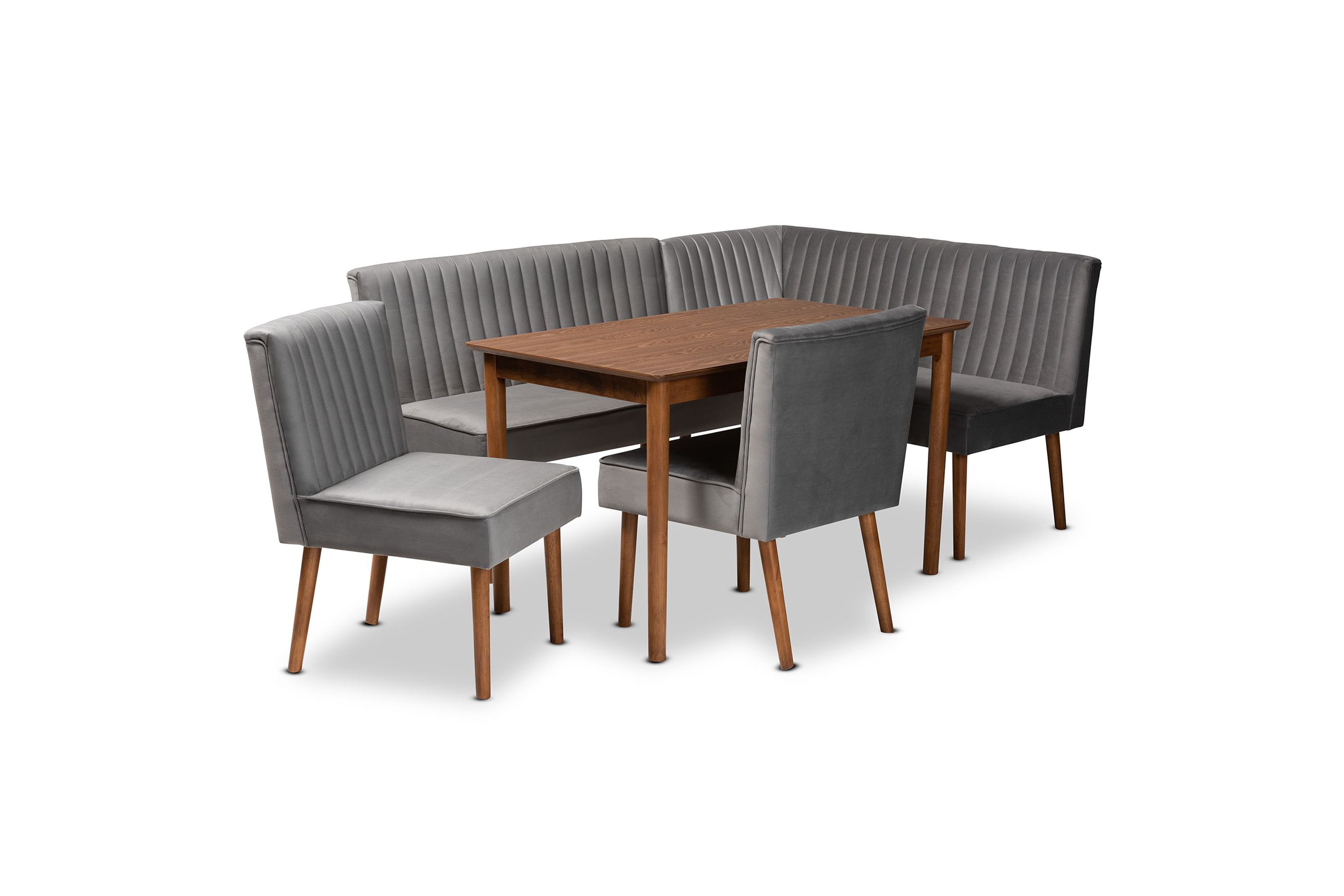 Alvis Mid-Century Modern Grey Velvet Upholstered and Walnut Brown Finished Wood 4-Piece Dining Nook Set