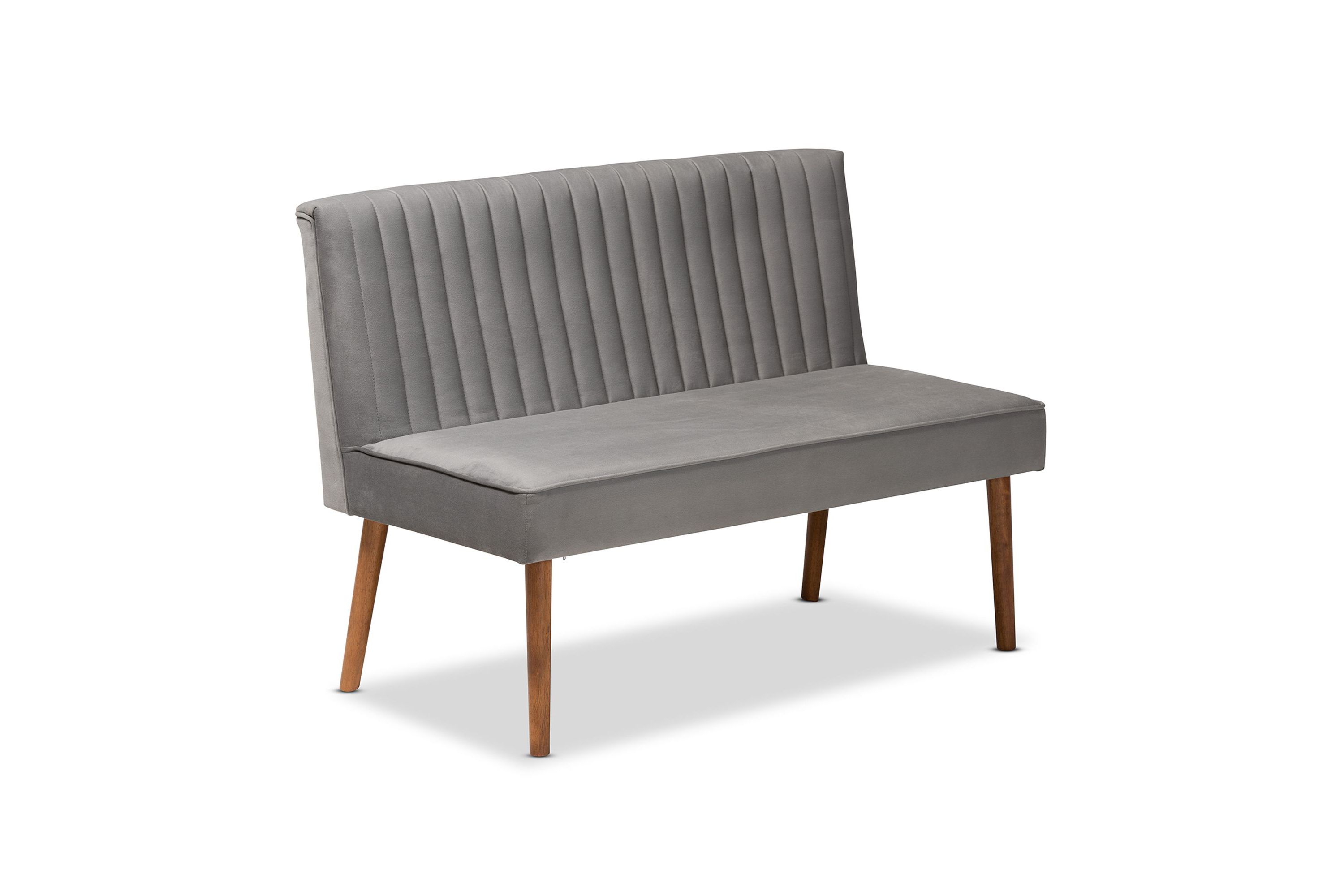 Alvis Mid-Century Modern Grey Velvet Upholstered and Walnut Brown Finished Wood 4-Piece Dining Nook Set