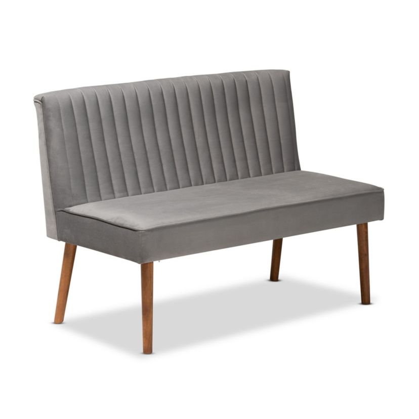Alvis Mid-Century Modern Grey Velvet Upholstered and Walnut Brown Finished Wood 4-Piece Dining Nook Set