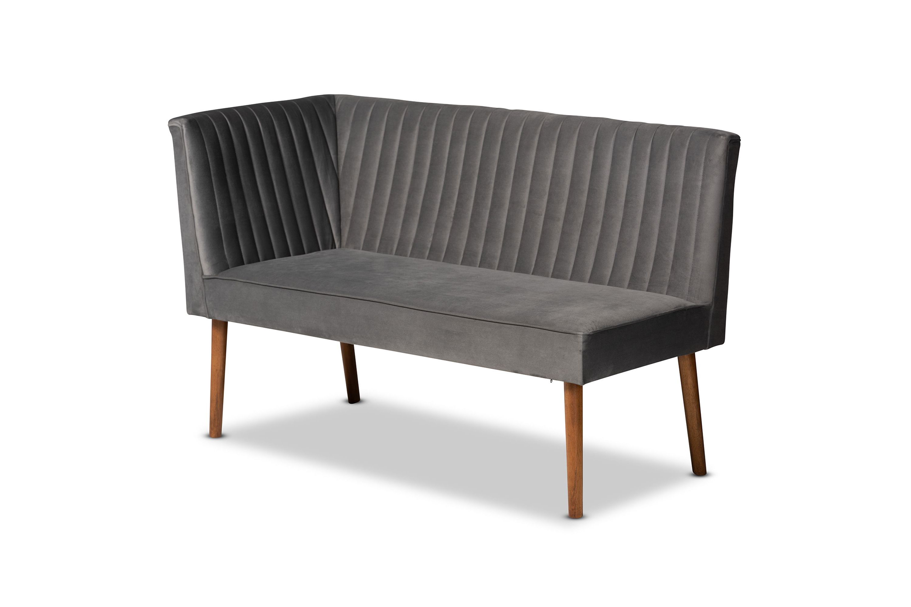 Alvis Mid-Century Modern Grey Velvet Upholstered and Walnut Brown Finished Wood 4-Piece Dining Nook Set