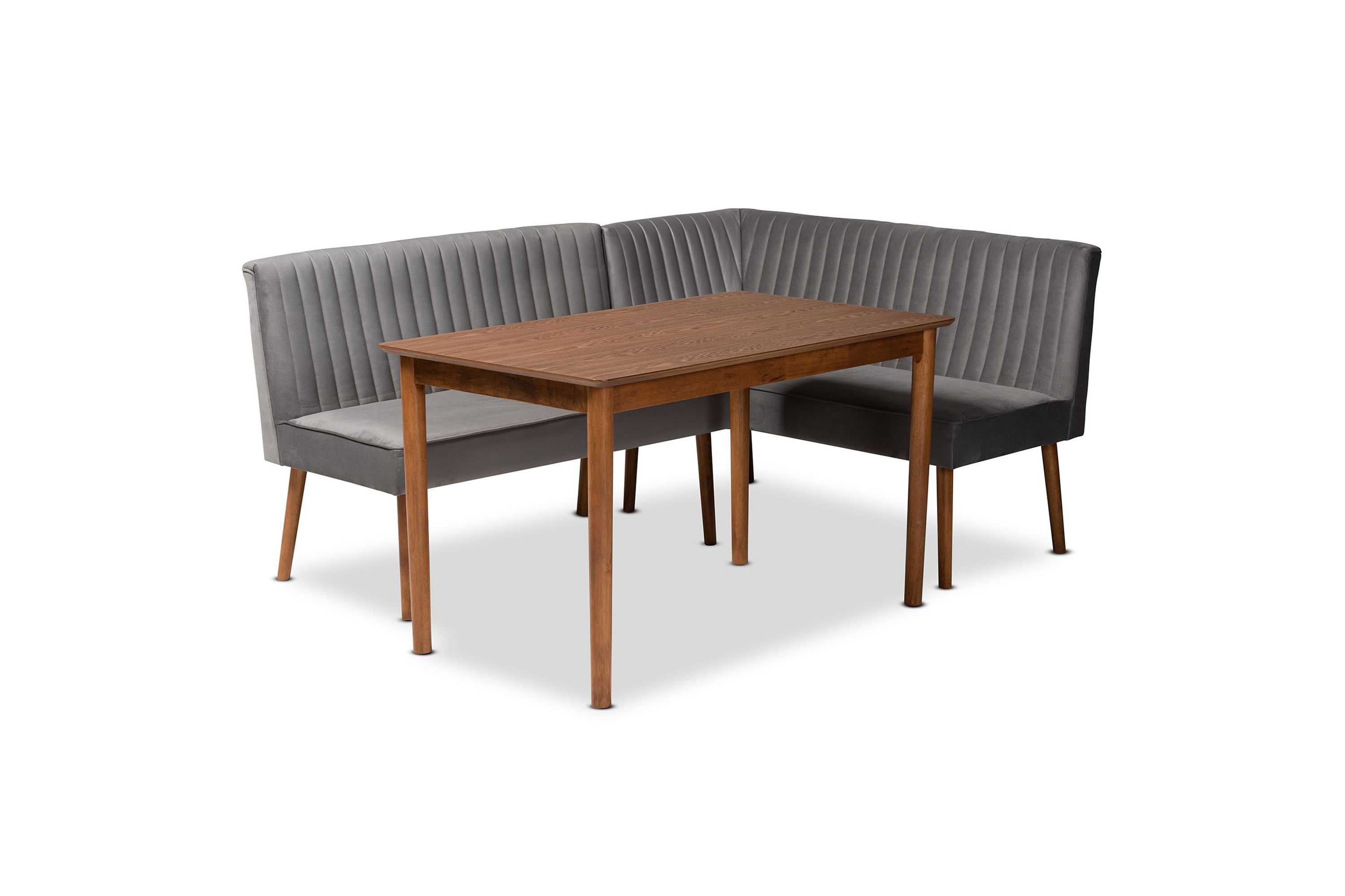 Alvis Mid-Century Modern Grey Velvet Upholstered and Walnut Brown Finished Wood 3-Piece Dining Nook Set