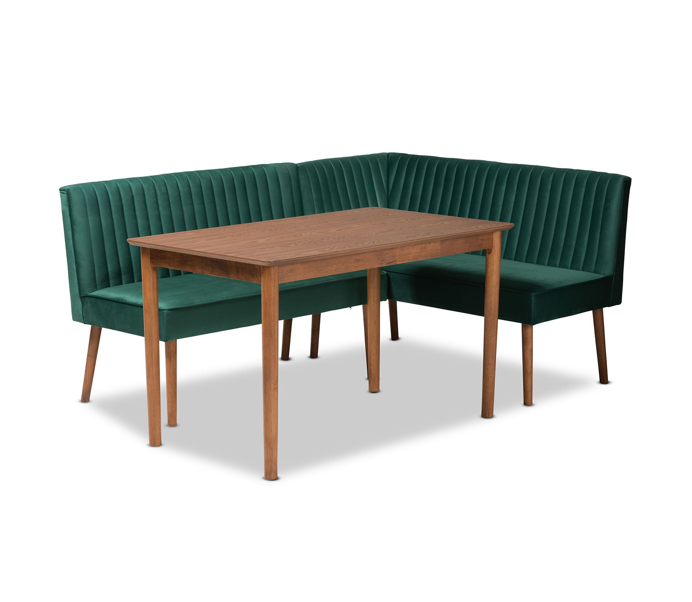 Alvis Mid-Century Modern Emerald Green Velvet Upholstered and Walnut Brown Finished Wood 3-Piece Dining Nook Set