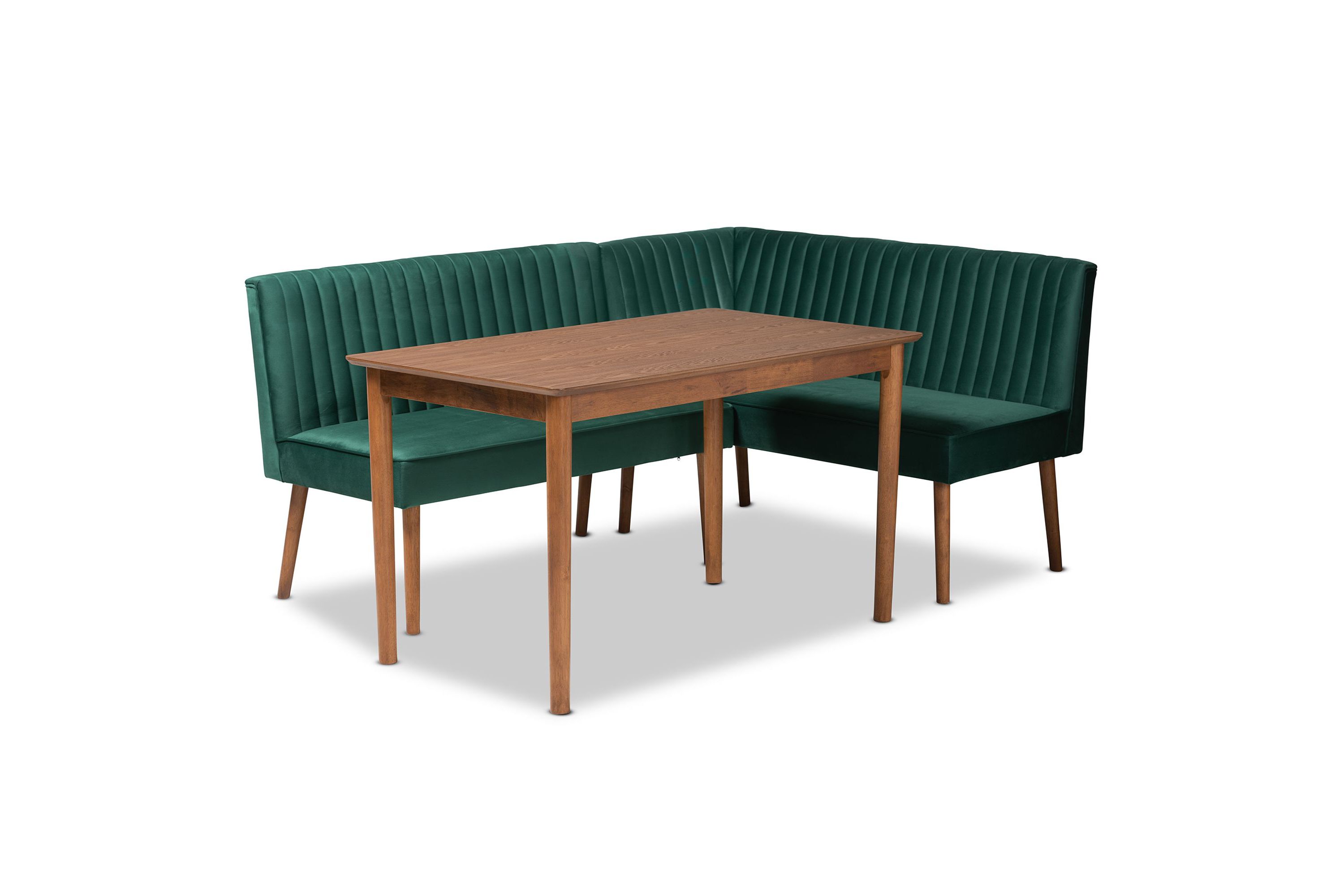Alvis Mid-Century Modern Emerald Green Velvet Upholstered and Walnut Brown Finished Wood 3-Piece Dining Nook Set
