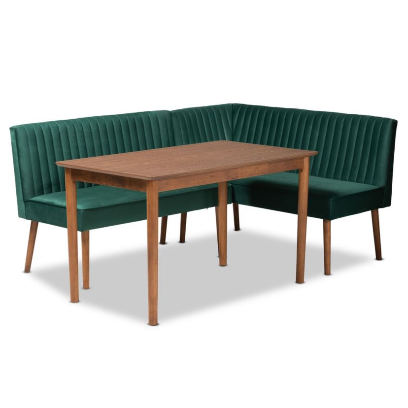 Alvis Mid-Century Modern Emerald Green Velvet Upholstered and Walnut Brown Finished Wood 3-Piece Dining Nook Set