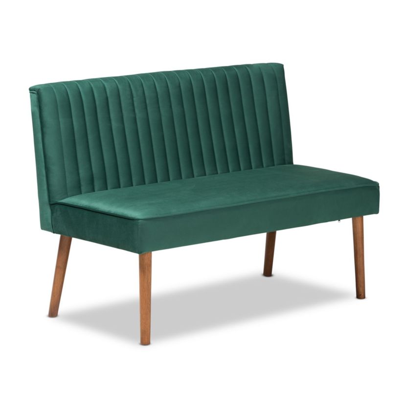 Alvis Mid-Century Modern Emerald Green Velvet Upholstered and Walnut Brown Finished Wood 3-Piece Dining Nook Set