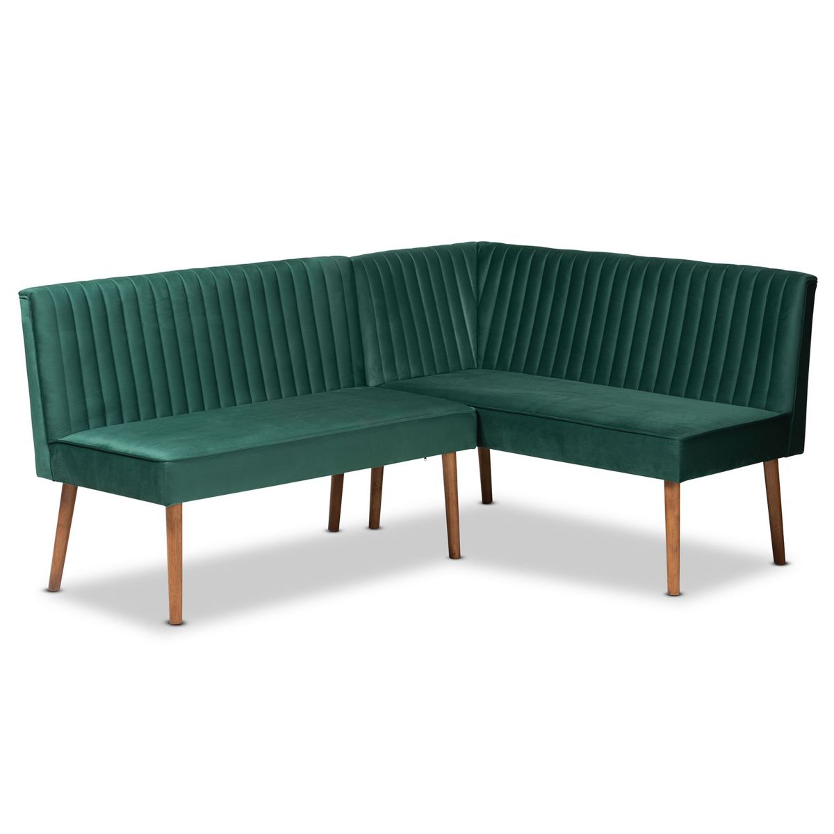 Alvis Mid-Century Modern Emerald Green Velvet Upholstered and Walnut Brown Finished Wood 2-Piece Dining Nook Banquette Set