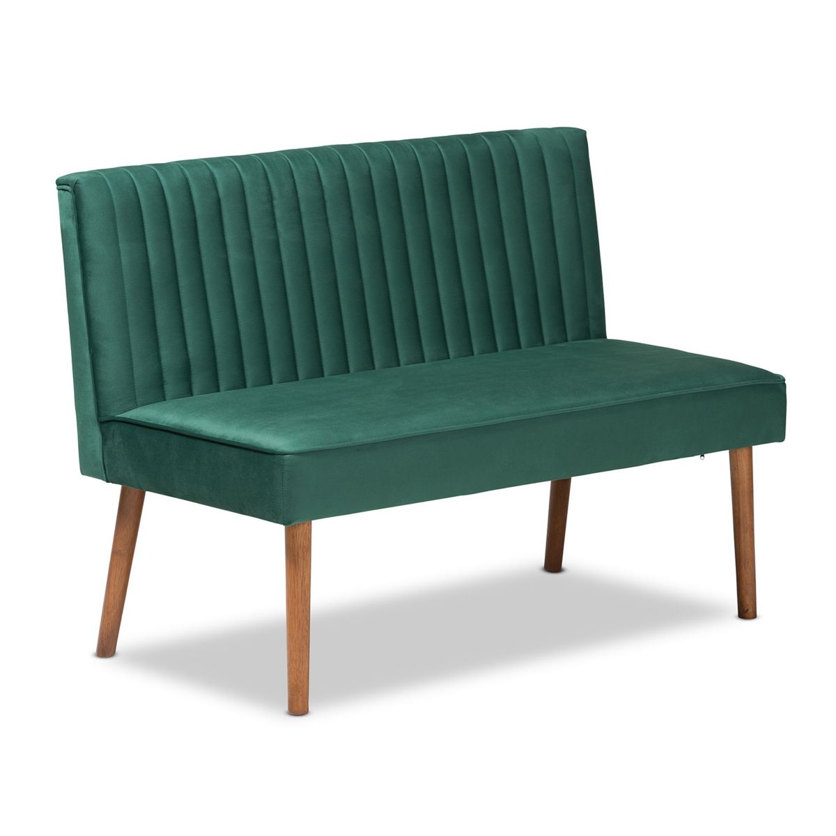 Alvis Mid-Century Modern Emerald Green Velvet Upholstered and Walnut Brown Finished Wood 2-Piece Dining Nook Banquette Set