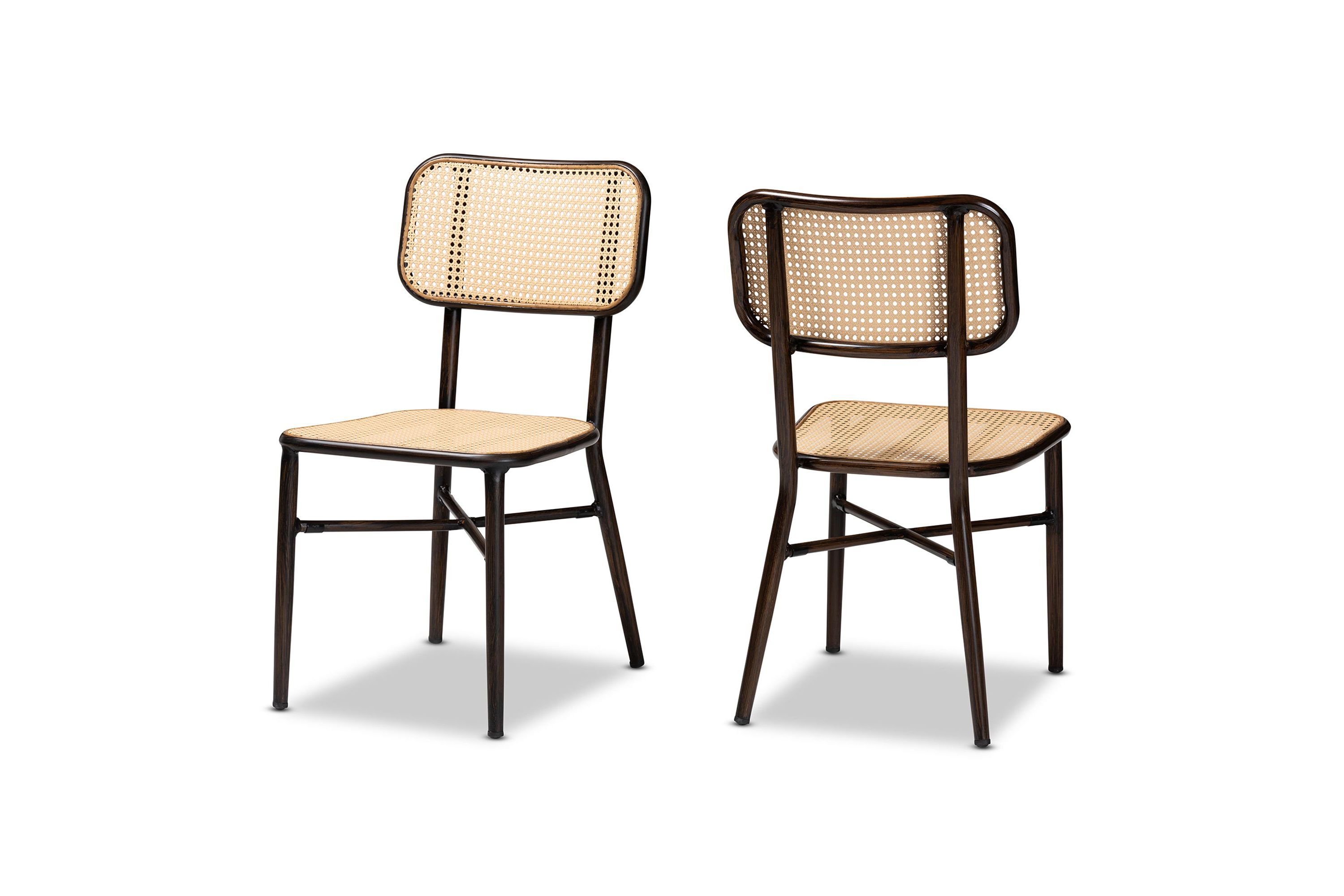 Katina Mid-Century Modern Dark Brown Finished Metal and Synthetic Rattan Outdoor Dining Chairs