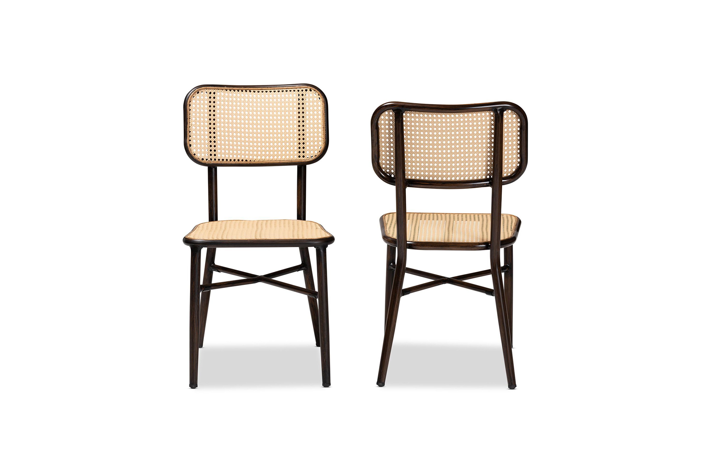 Katina Mid-Century Modern Dark Brown Finished Metal and Synthetic Rattan Outdoor Dining Chairs