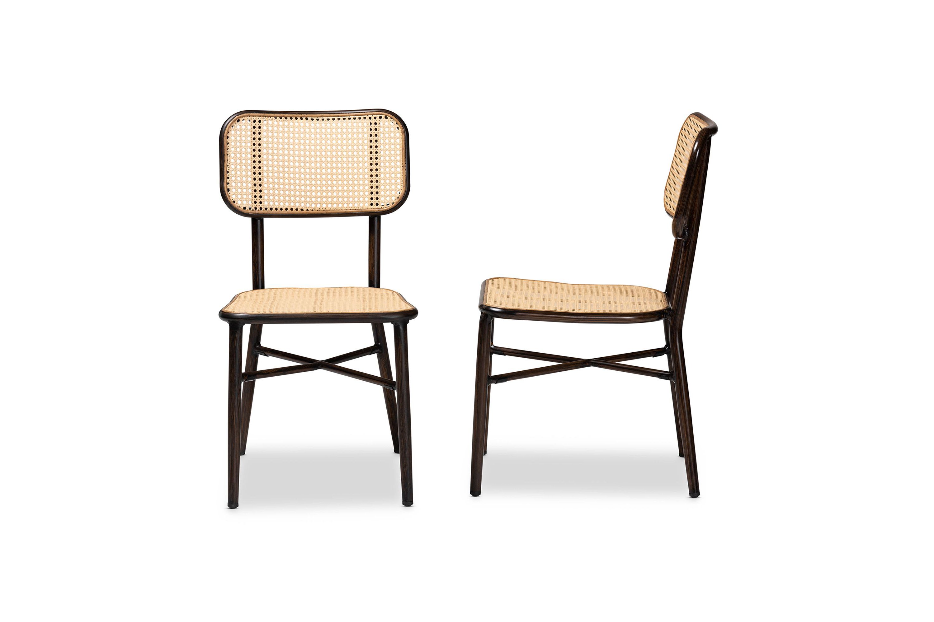 Katina Mid-Century Modern Dark Brown Finished Metal and Synthetic Rattan Outdoor Dining Chairs