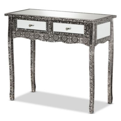 Wycliff Industrial Glam and Luxe Silver Finished Metal and Mirrored Glass 2-Drawer Console Table