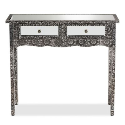 Wycliff Industrial Glam and Luxe Silver Finished Metal and Mirrored Glass 2-Drawer Console Table