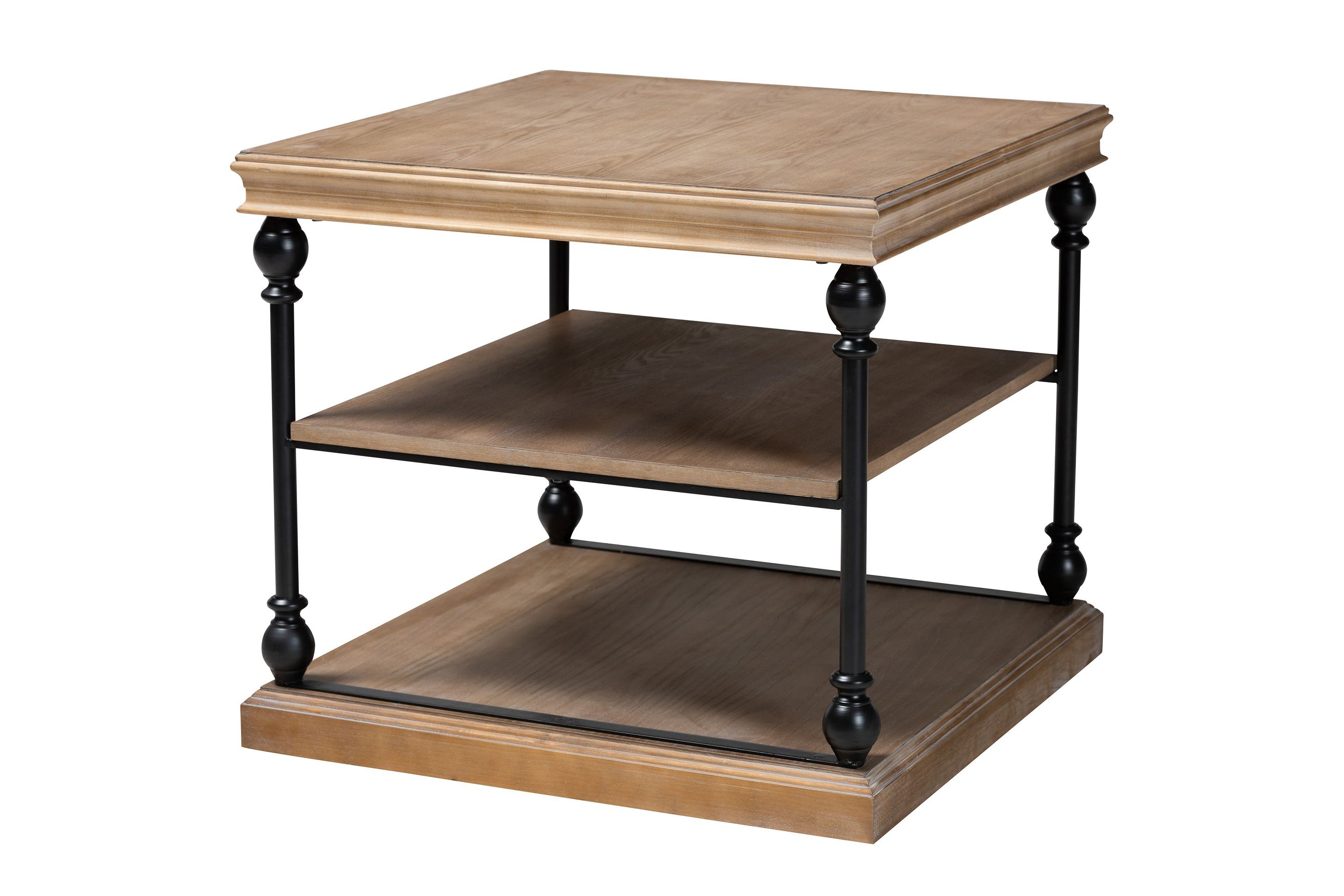 Sebastian Traditional Industrial Greywashed Wood and Black Metal 3-Tier End Table