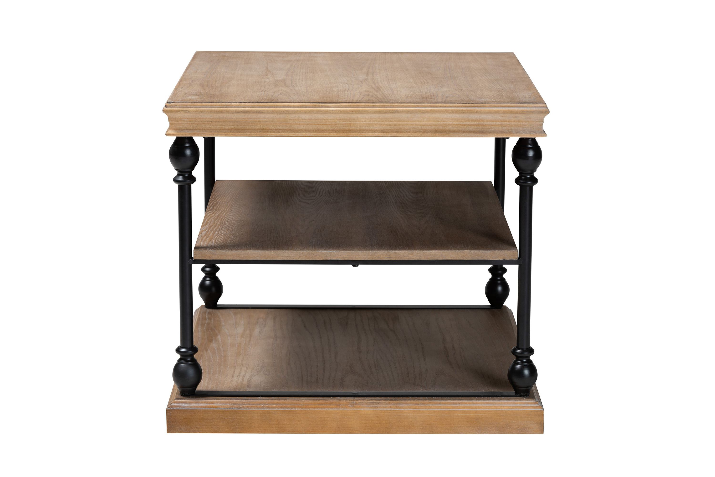 Sebastian Traditional Industrial Greywashed Wood and Black Metal 3-Tier End Table