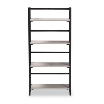 Lakota Modern Industrial Light Grey Finished Wood and Black Metal 4-Tier Display Shelf