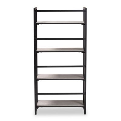 Lakota Modern Industrial Light Grey Finished Wood and Black Metal 4-Tier Display Shelf