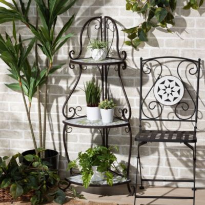 Airell Modern and Contemporary Multi-Colored Glass and Black Metal 3-Tier Plant Stand