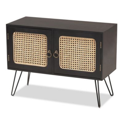 Davion Mid-Century Modern Espresso Brown Finished Wood and Black Metal 2-Door Sideboard Buffet with Rattan