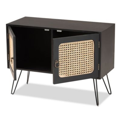 Davion Mid-Century Modern Espresso Brown Finished Wood and Black Metal 2-Door Sideboard Buffet with Rattan