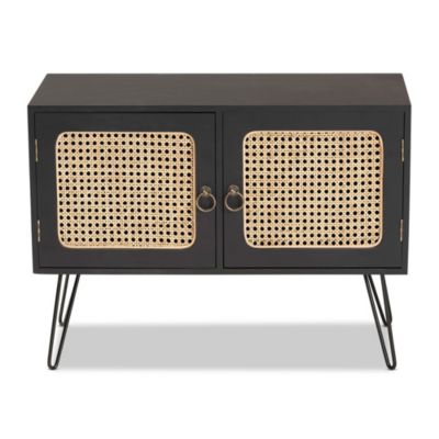 Davion Mid-Century Modern Espresso Brown Finished Wood and Black Metal 2-Door Sideboard Buffet with Rattan