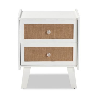 Balta Mid-Century Modern Transitional Oak Brown Rattan and White Finished Wood 2-Drawer End Table