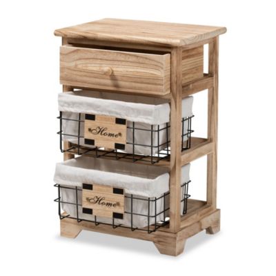 Madra Modern and Contemporary Oak Brown Finished Wood and 1-Drawer End Table With Baskets