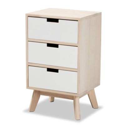 Halian Mid-Century Modern Two-Tone White and Light Brown Finished Wood 3-Drawer End Table