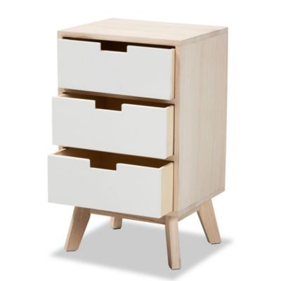 Halian Mid-Century Modern Two-Tone White and Light Brown Finished Wood 3-Drawer End Table