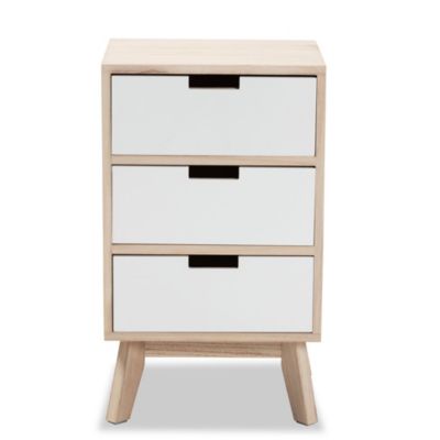 Halian Mid-Century Modern Two-Tone White and Light Brown Finished Wood 3-Drawer End Table