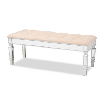 Hedia Contemporary Glam and Luxe Beige Fabric Upholstered and Silver Finished Wood Accent Bench