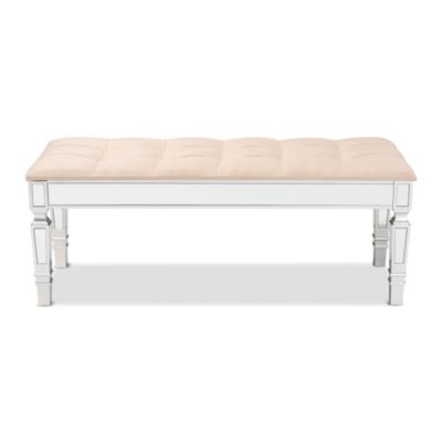 Hedia Contemporary Glam and Luxe Beige Fabric Upholstered and Silver Finished Wood Accent Bench