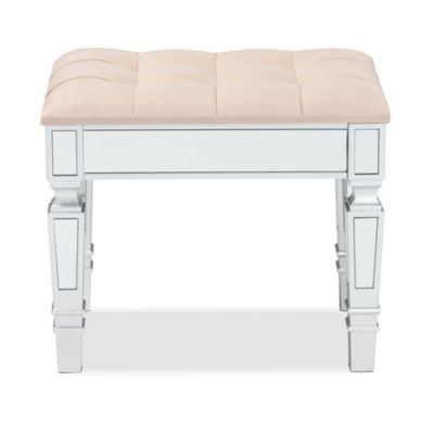 Hedia Contemporary Glam and Luxe Beige Fabric Upholstered and Silver Finished Wood Ottoman