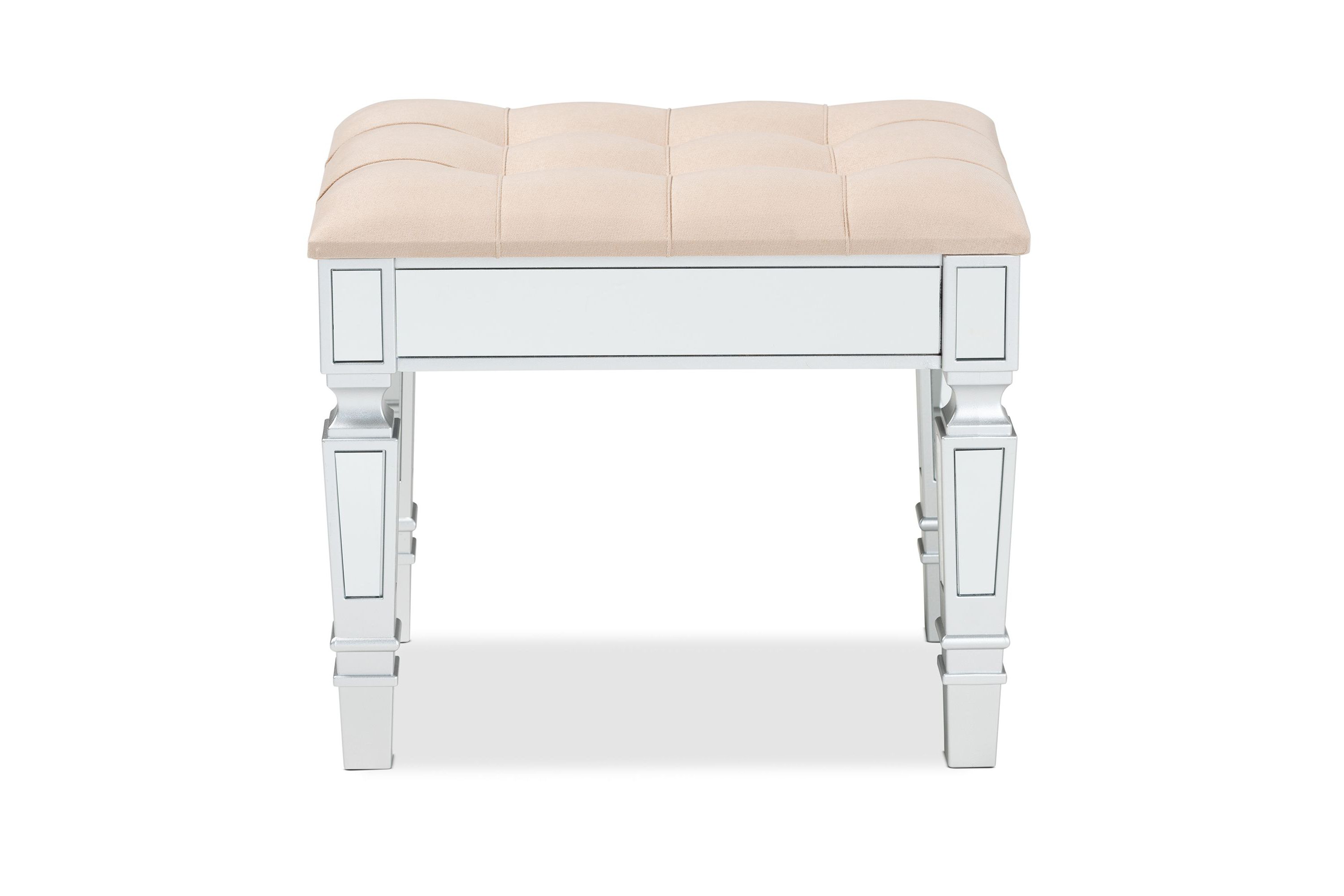 Hedia Contemporary Glam and Luxe Beige Fabric Upholstered and Silver Finished Wood Ottoman