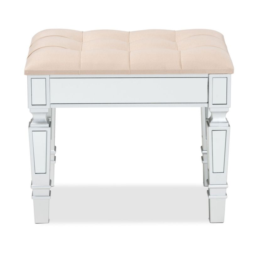 Hedia Contemporary Glam and Luxe Beige Fabric Upholstered and Silver Finished Wood Ottoman