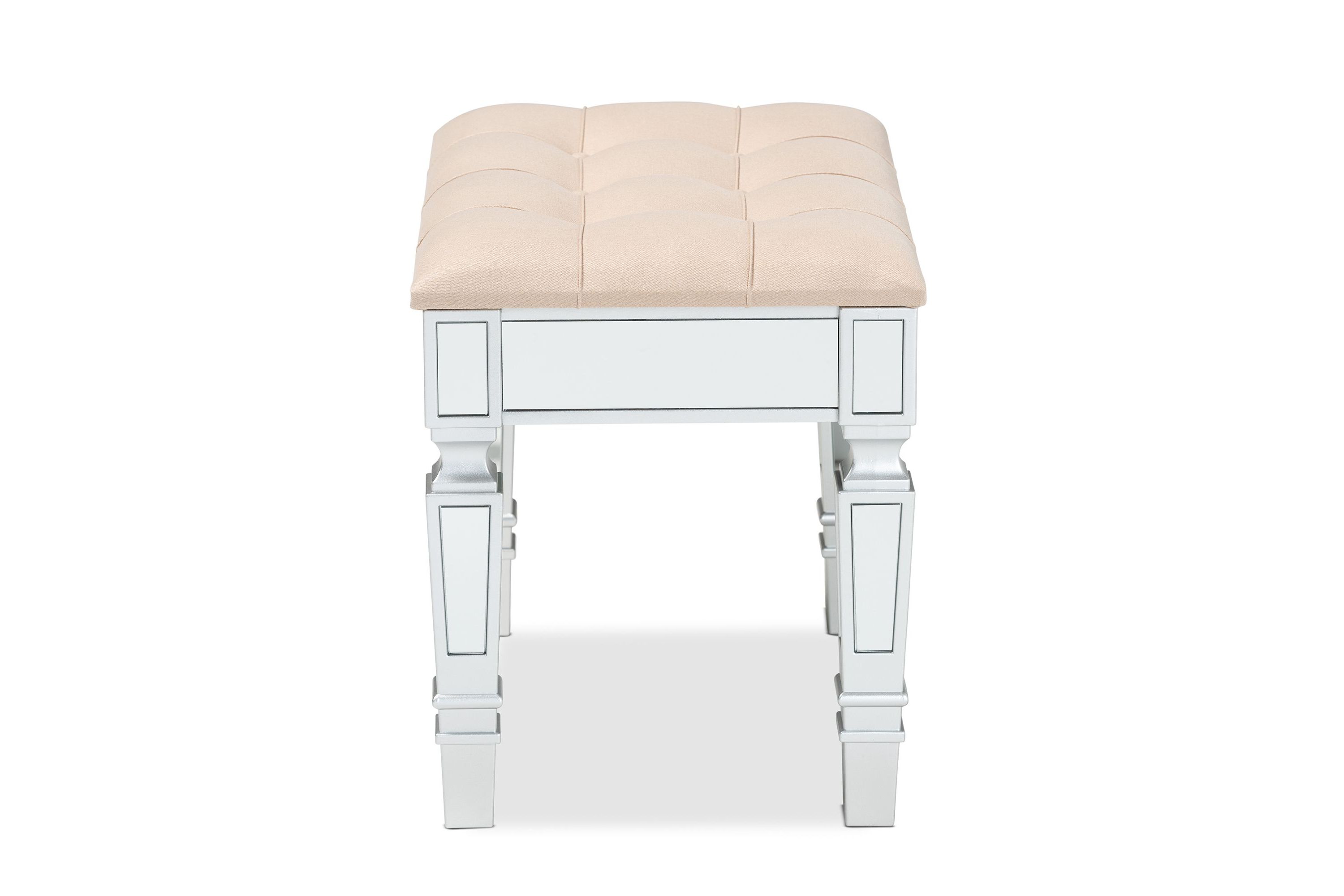 Hedia Contemporary Glam and Luxe Beige Fabric Upholstered and Silver Finished Wood Ottoman