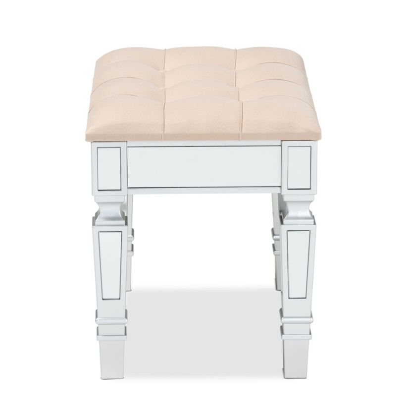 Hedia Contemporary Glam and Luxe Beige Fabric Upholstered and Silver Finished Wood Ottoman