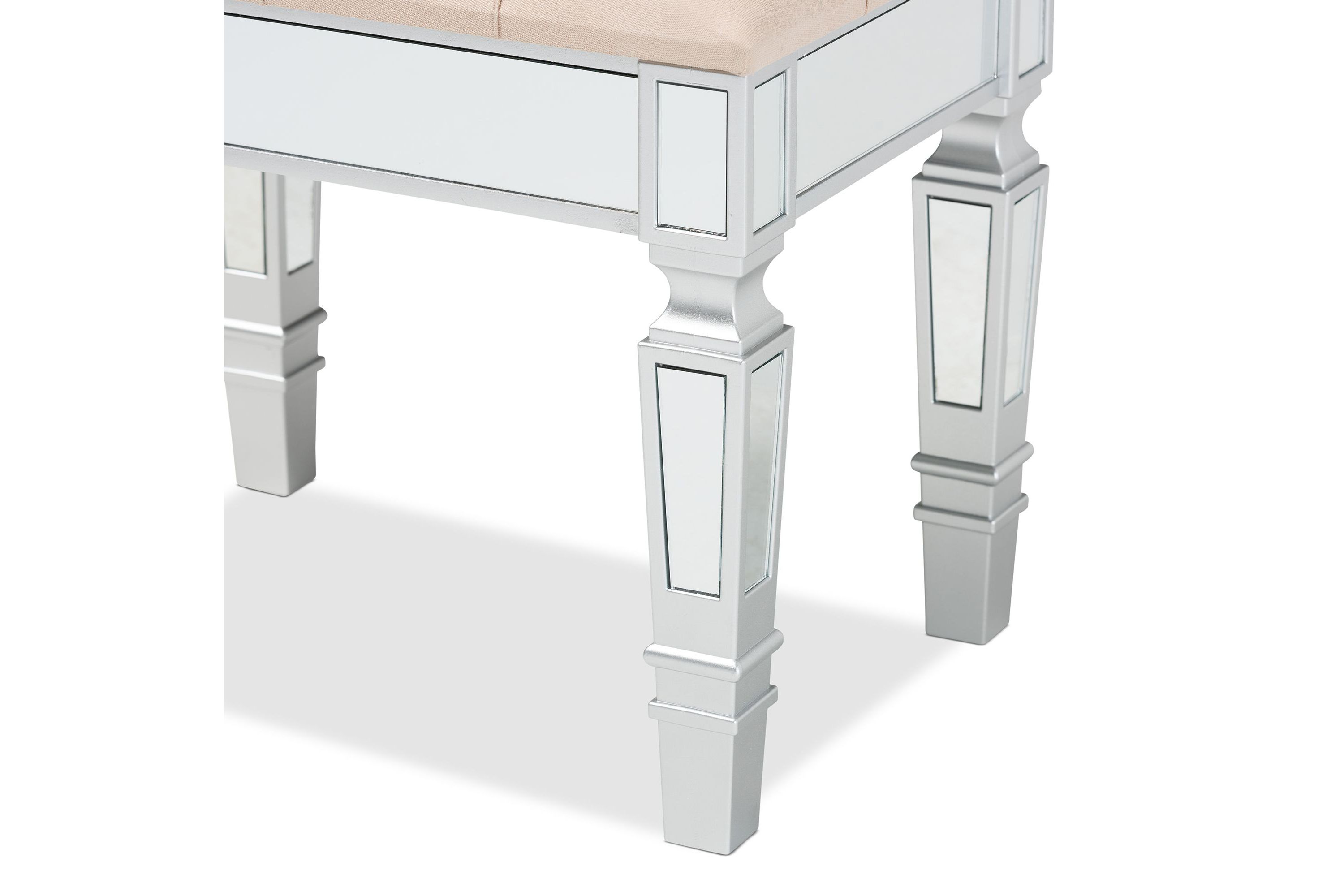 Hedia Contemporary Glam and Luxe Beige Fabric Upholstered and Silver Finished Wood Ottoman