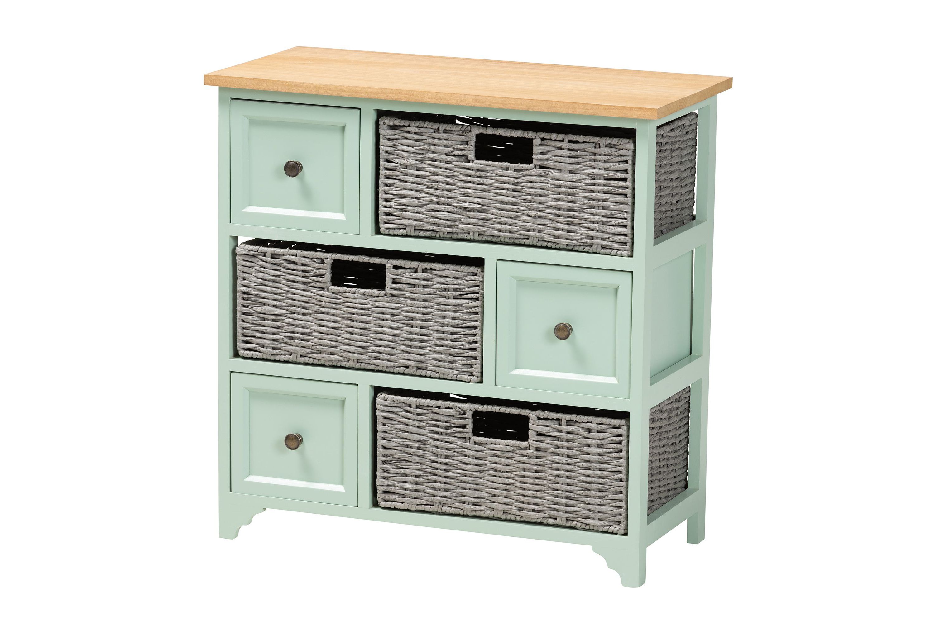 Valtina Modern and Contemporary Two-Tone Oak Brown and Mint Green Finished Wood 3-Drawer Storage Unit with Baskets