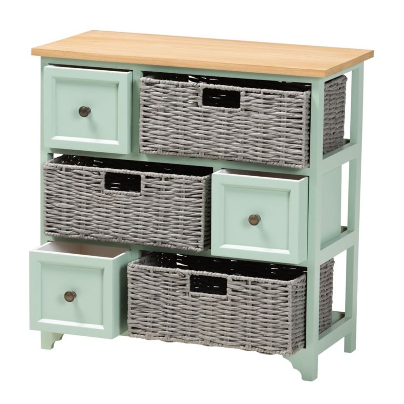 Valtina Modern and Contemporary Two-Tone Oak Brown and Mint Green Finished Wood 3-Drawer Storage Unit with Baskets